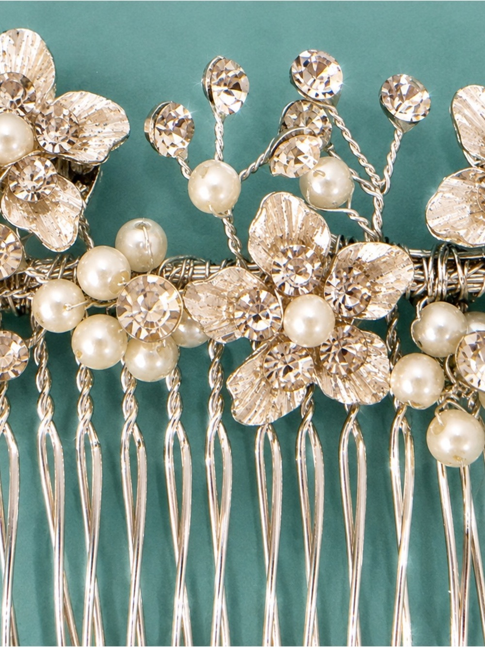 Pearl & Crystal Floral Hair Comb - Champagne Gold Finish
